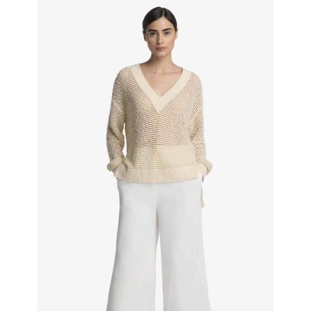 ST. JOHN SLUB POINTELLE KNIT SWEATER Size Large ECRU/GOLD